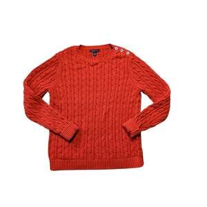 Lands’ End Women’s Pullover Sweater Size Large 14-16 Orange Cotton Cable Knit